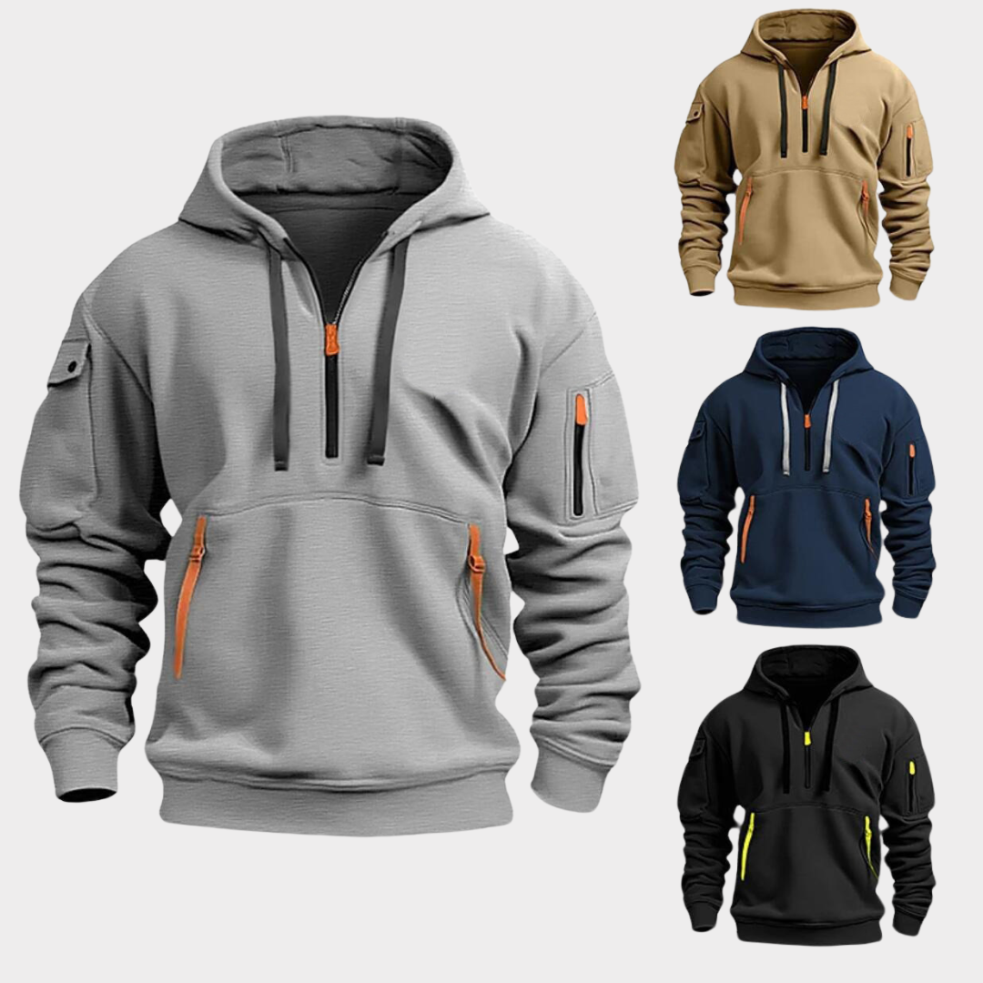 Felpa con cappuccio casual da uomo con mezza zip e tasche sicure