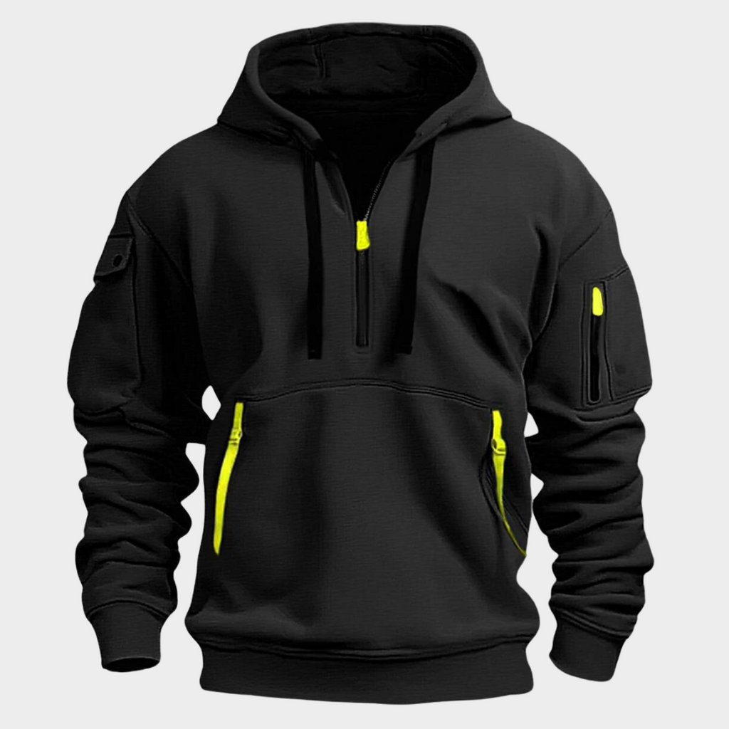 Felpa con cappuccio casual da uomo con mezza zip e tasche sicure