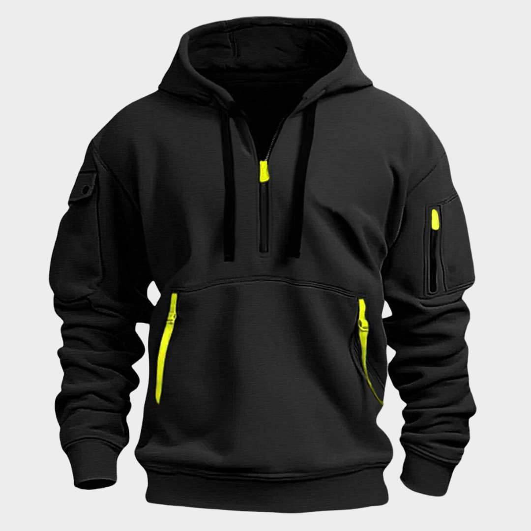 Felpa con cappuccio casual da uomo con mezza zip e tasche sicure