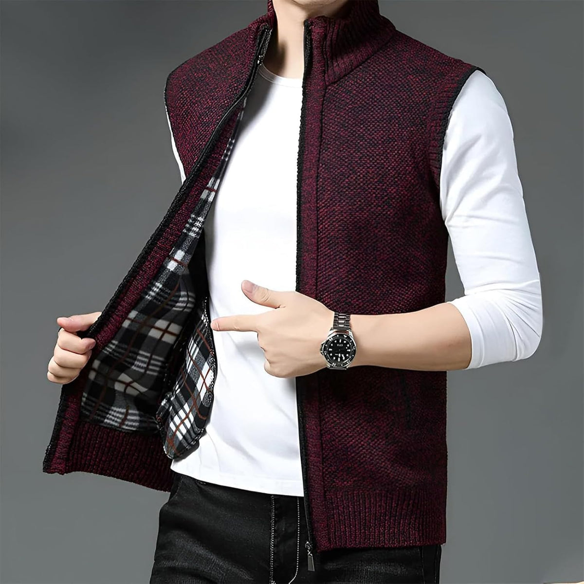 Gilet da uomo in lana con zip intera e fodera scozzese