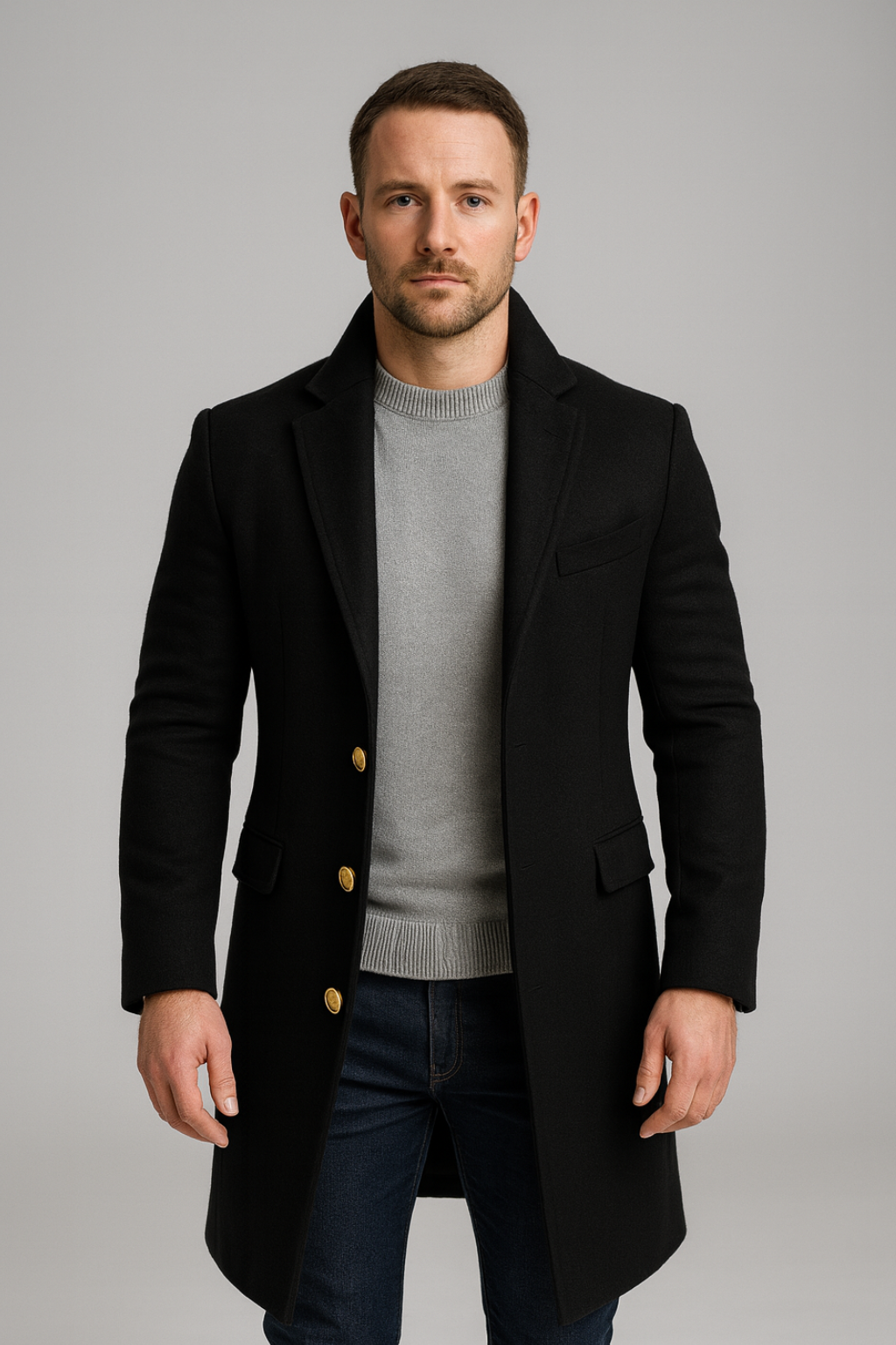 Cappotto lungo monopetto nero da uomo con dettaglio bottoni dorati