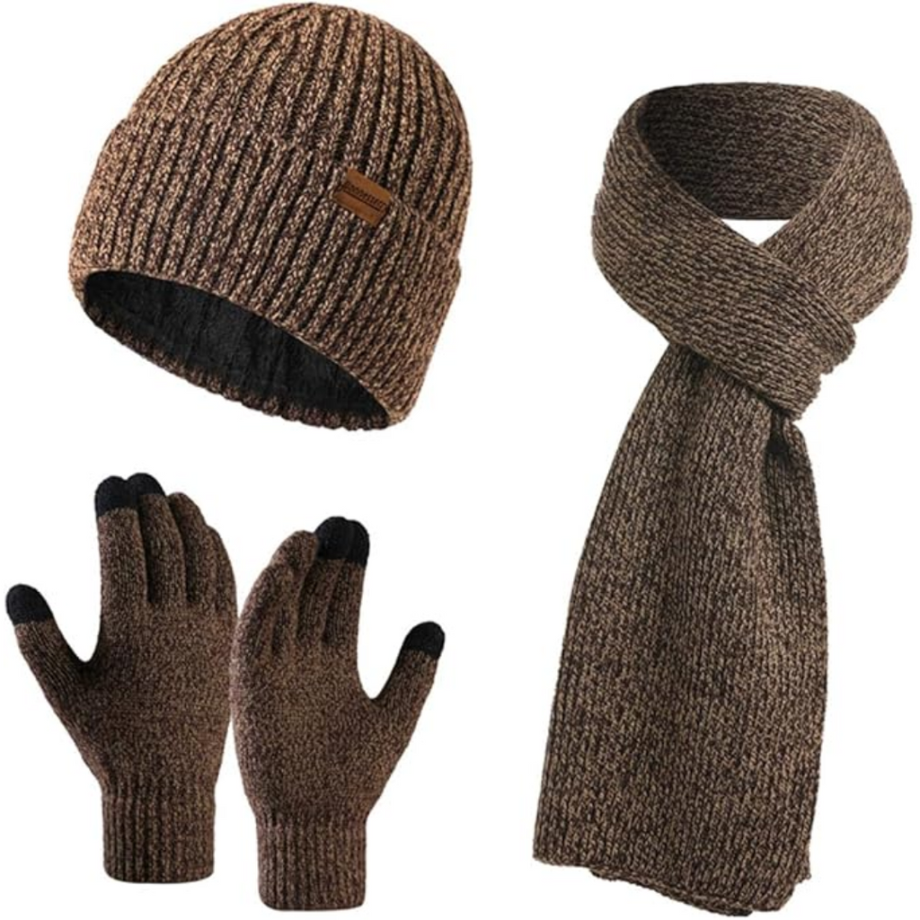 Set caldo berretto invernale, sciarpa e guanti da uomo