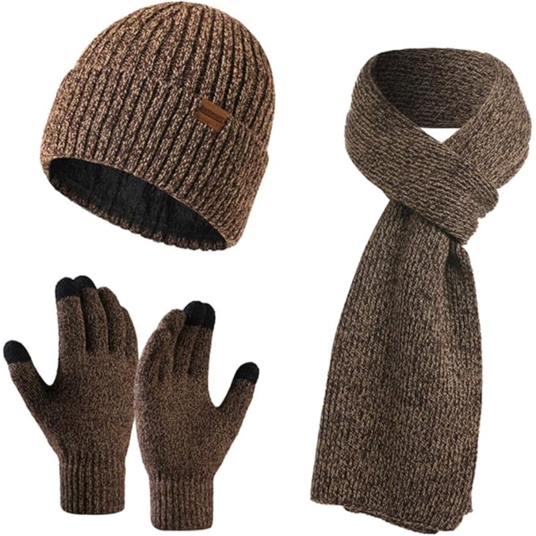 Set caldo berretto invernale, sciarpa e guanti da uomo