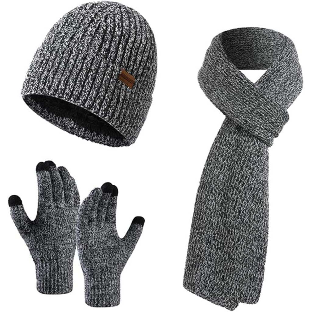 Set caldo berretto invernale, sciarpa e guanti da uomo