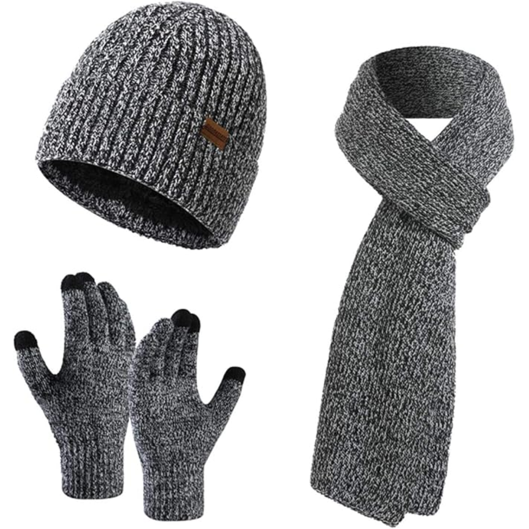 Set caldo berretto invernale, sciarpa e guanti da uomo