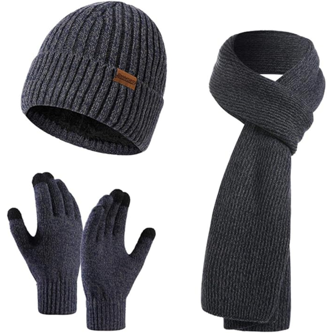 Set caldo berretto invernale, sciarpa e guanti da uomo