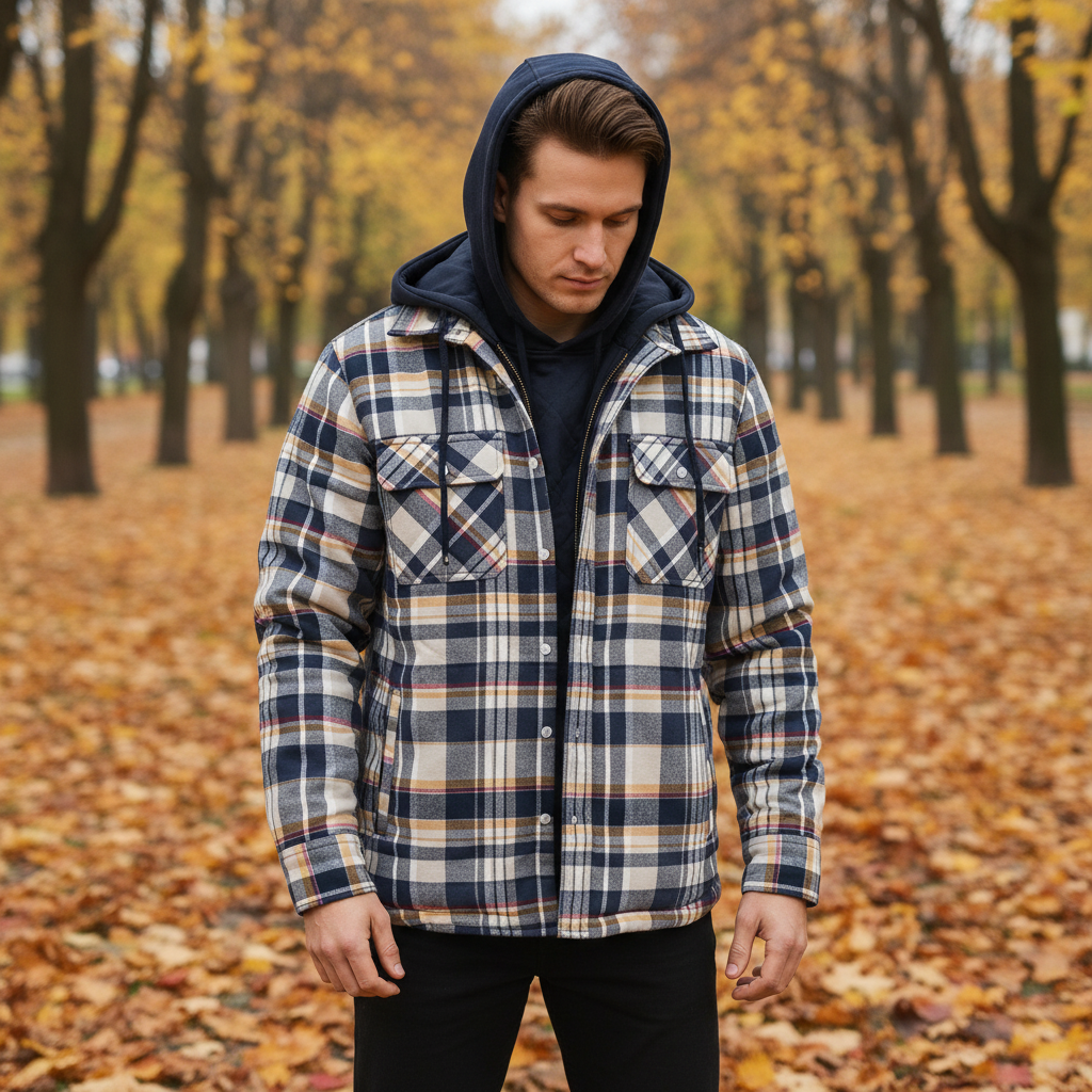Giacca da uomo con cappuccio a quadri foderata calda