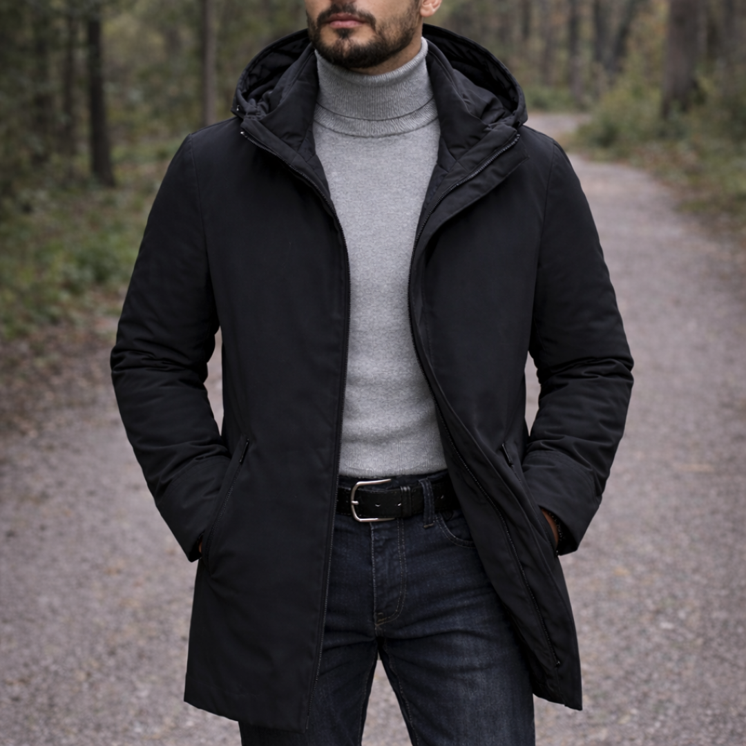 Cappotto invernale con cappuccio da uomo: caldo e resistente alle intemperie