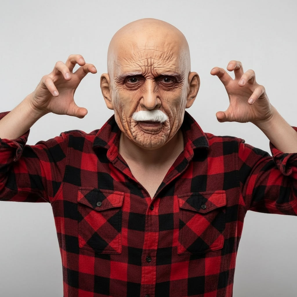 Maschera da uomo anziano di Halloween con baffi bianchi e rughe realistiche in lattice a testa intera