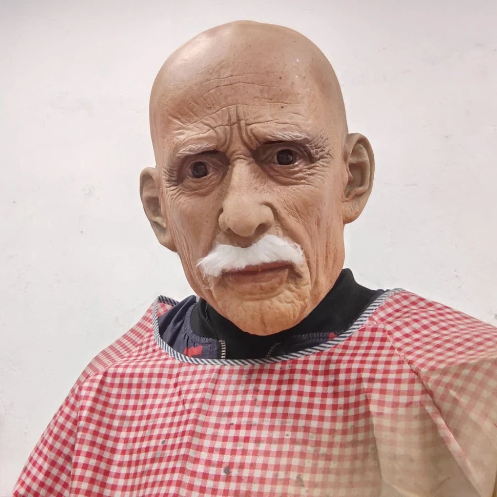 Maschera da uomo anziano di Halloween con baffi bianchi e rughe realistiche in lattice a testa intera