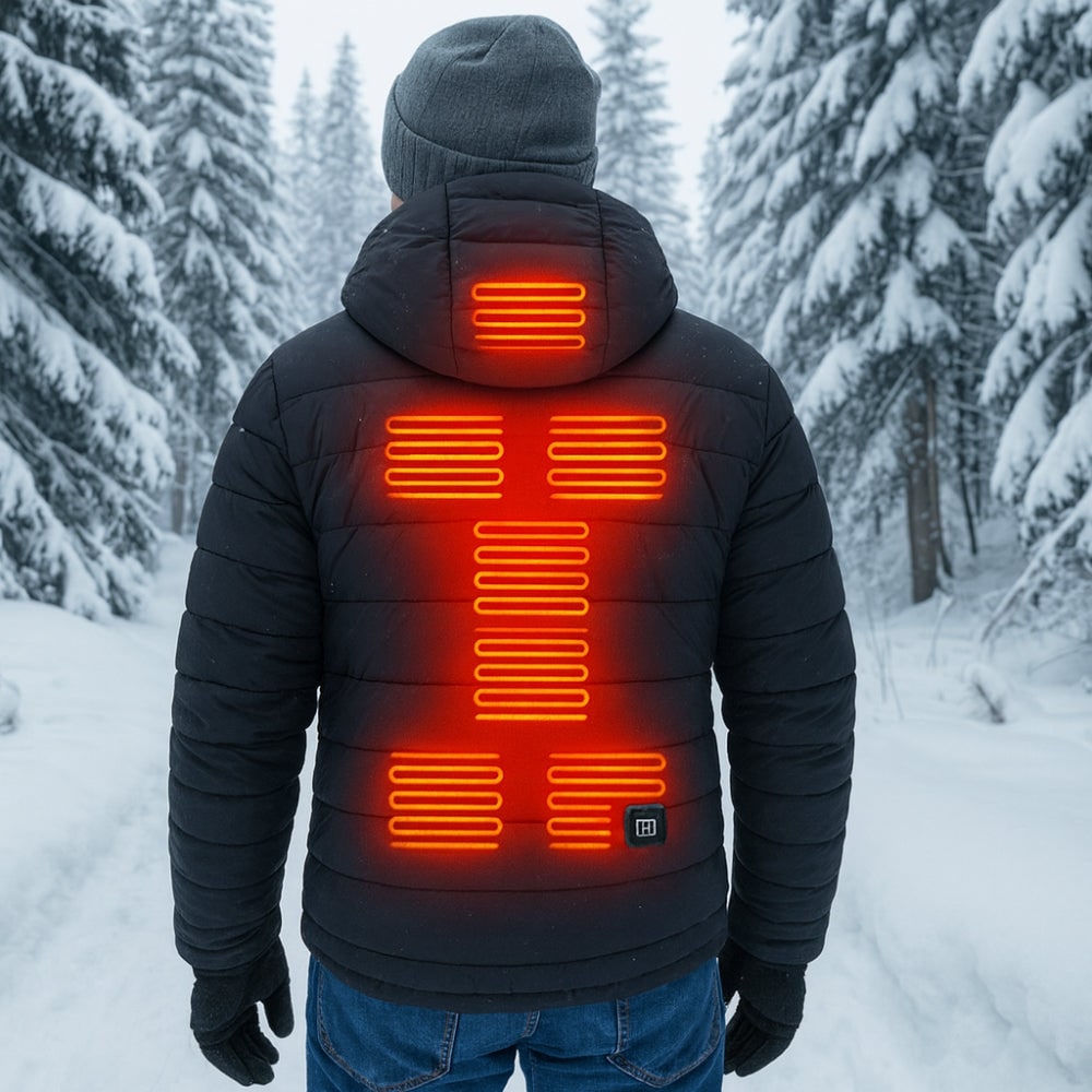 Piumino riscaldato da uomo con cappuccio e design trapuntato isolante per cappotto termico invernale