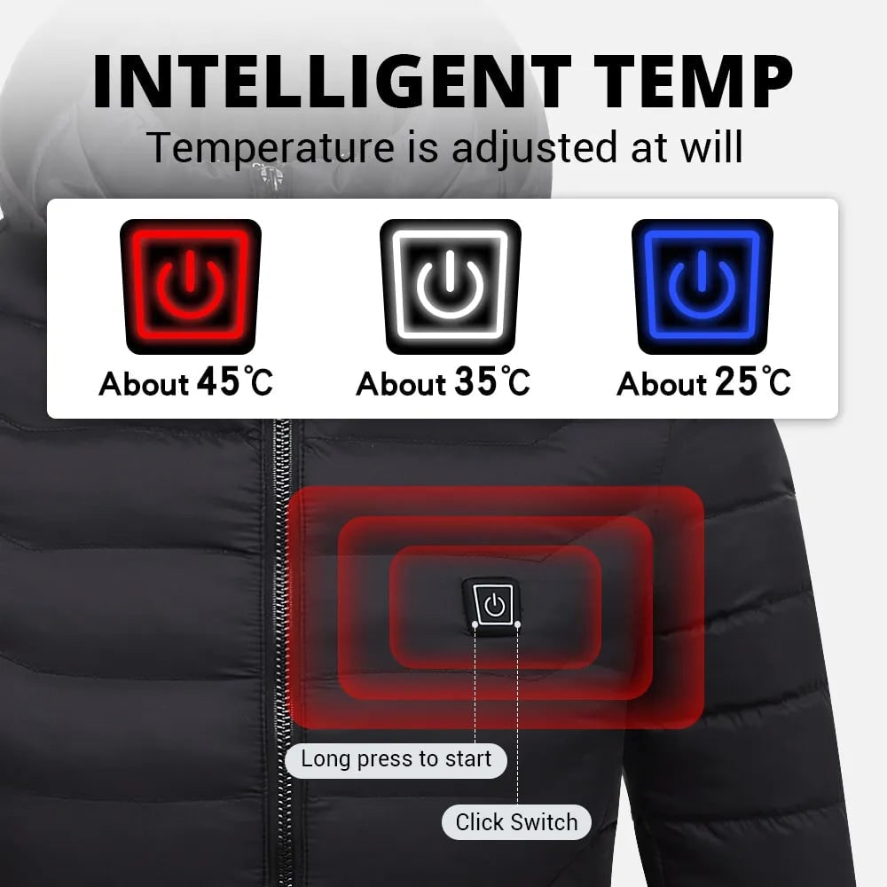 Piumino riscaldato da uomo con cappuccio e design trapuntato isolante per cappotto termico invernale