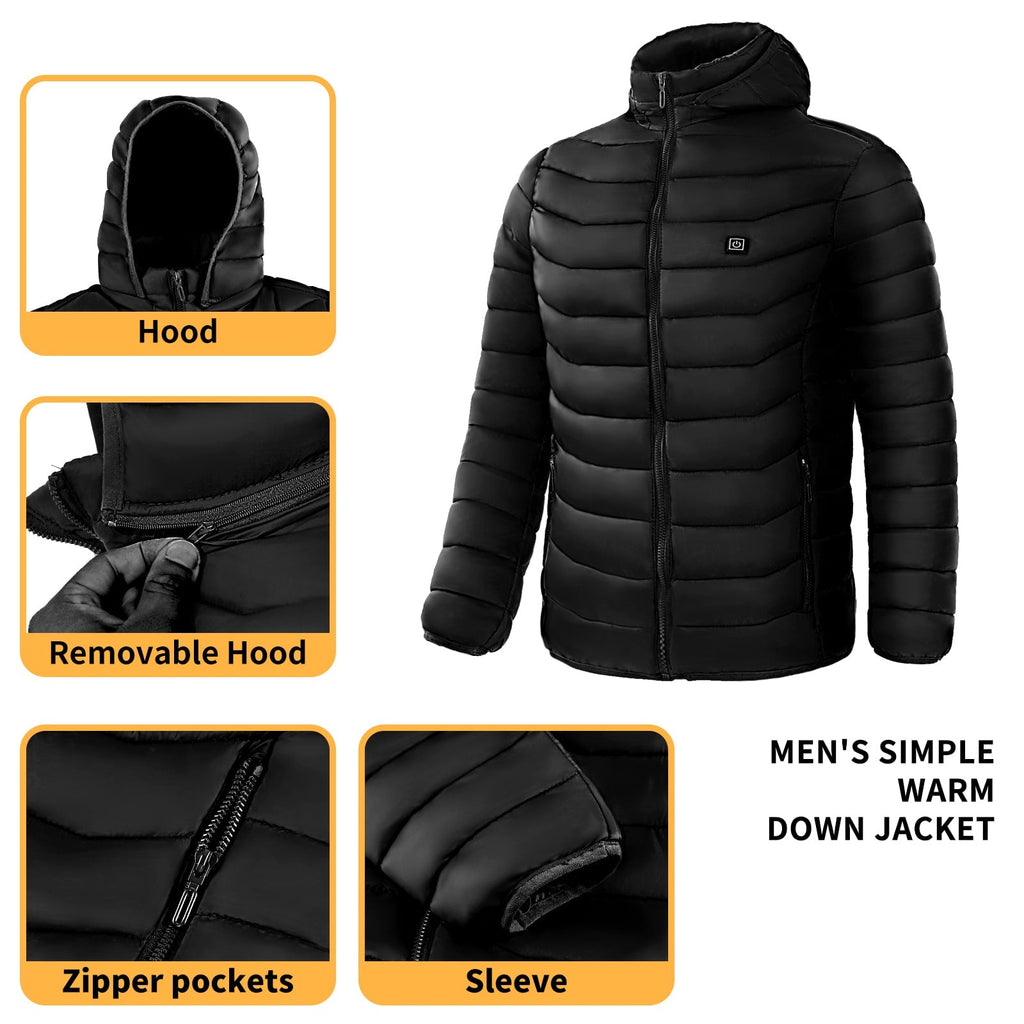 Piumino riscaldato da uomo con cappuccio e zip intera isolante trapuntato
