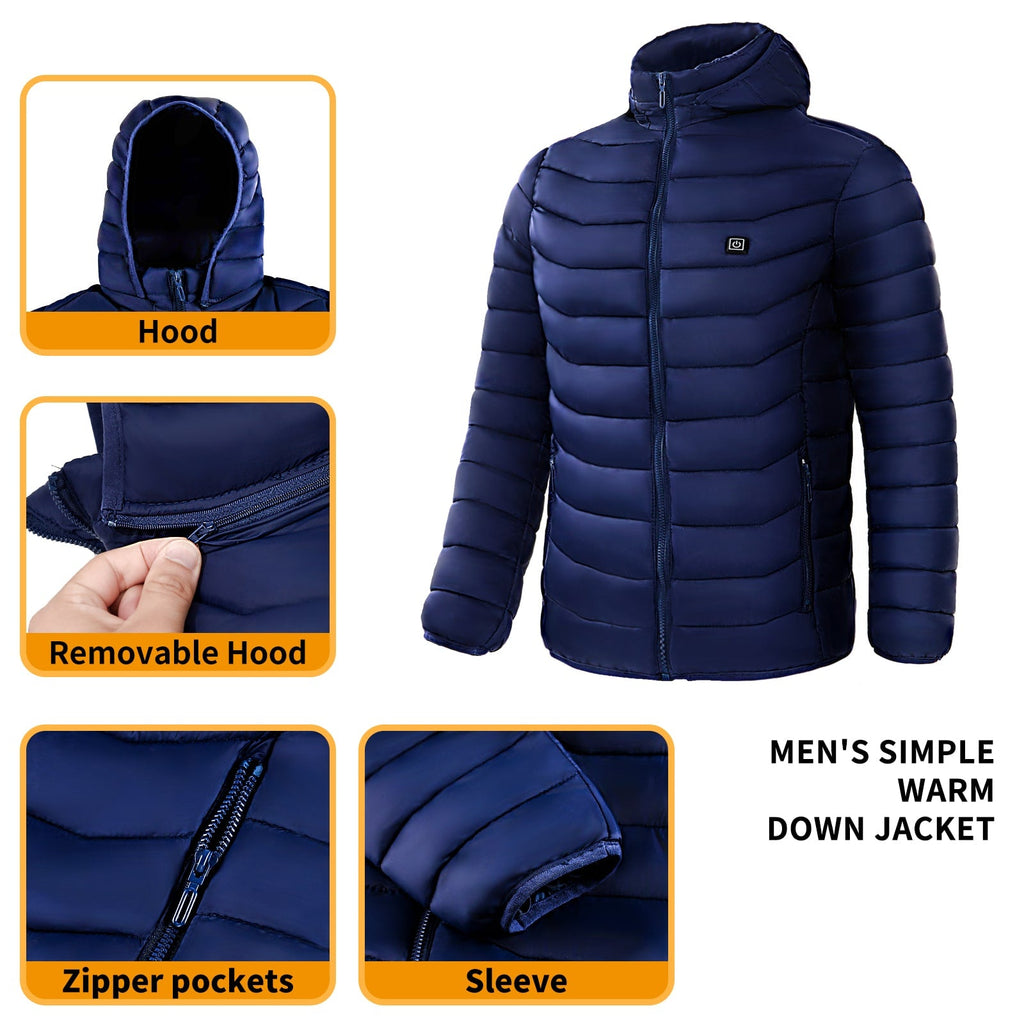 Piumino riscaldato da uomo con cappuccio e zip intera isolante trapuntato