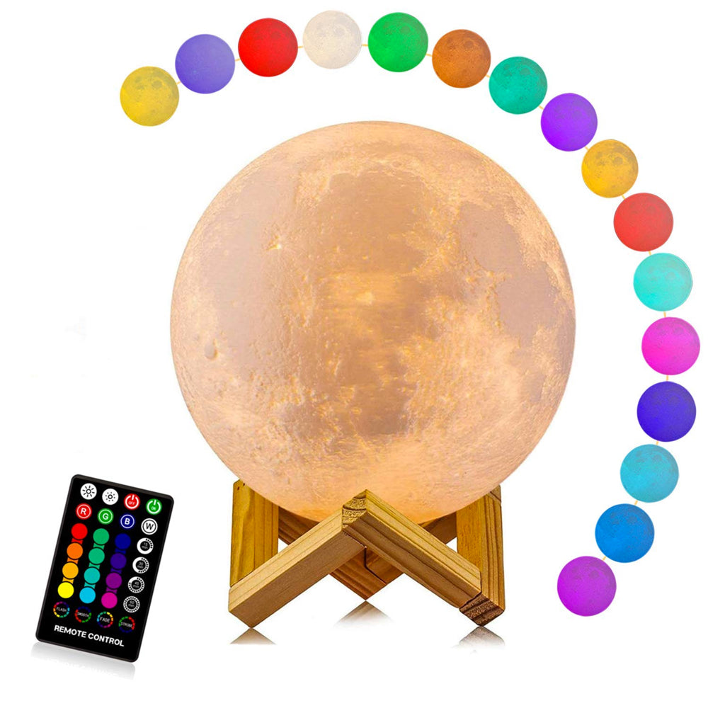 LunarGlow - Lampada lunare a 16 colori con telecomando e supporto in legno per comfort e atmosfera durante il sonno
