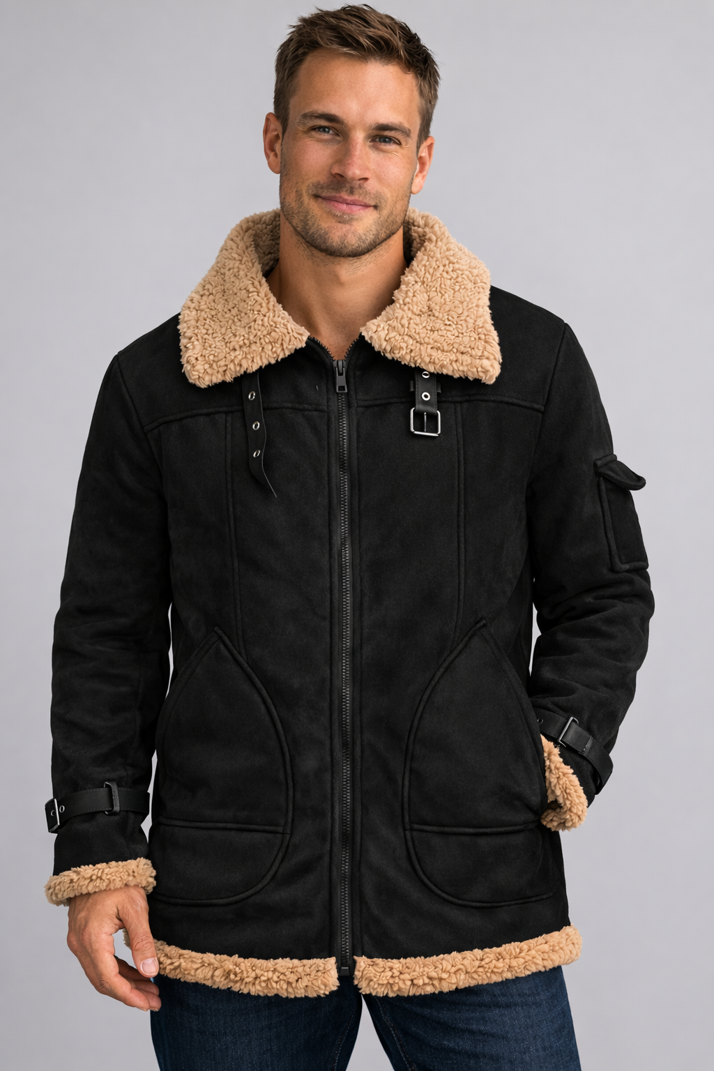 Giacca da aviatore foderata in shearling da uomo