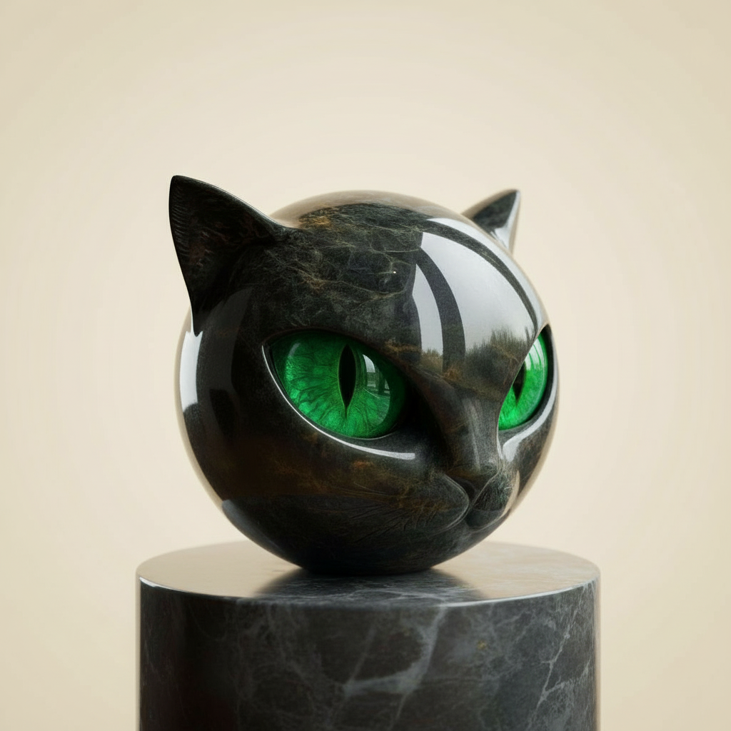 NoirCat Sculpture – Testa di gatto nera con occhi ipnotici