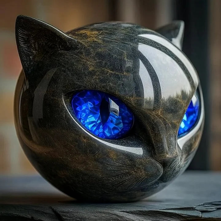 NoirCat Sculpture – Testa di gatto nera con occhi ipnotici