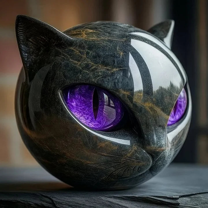 NoirCat Sculpture – Testa di gatto nera con occhi ipnotici