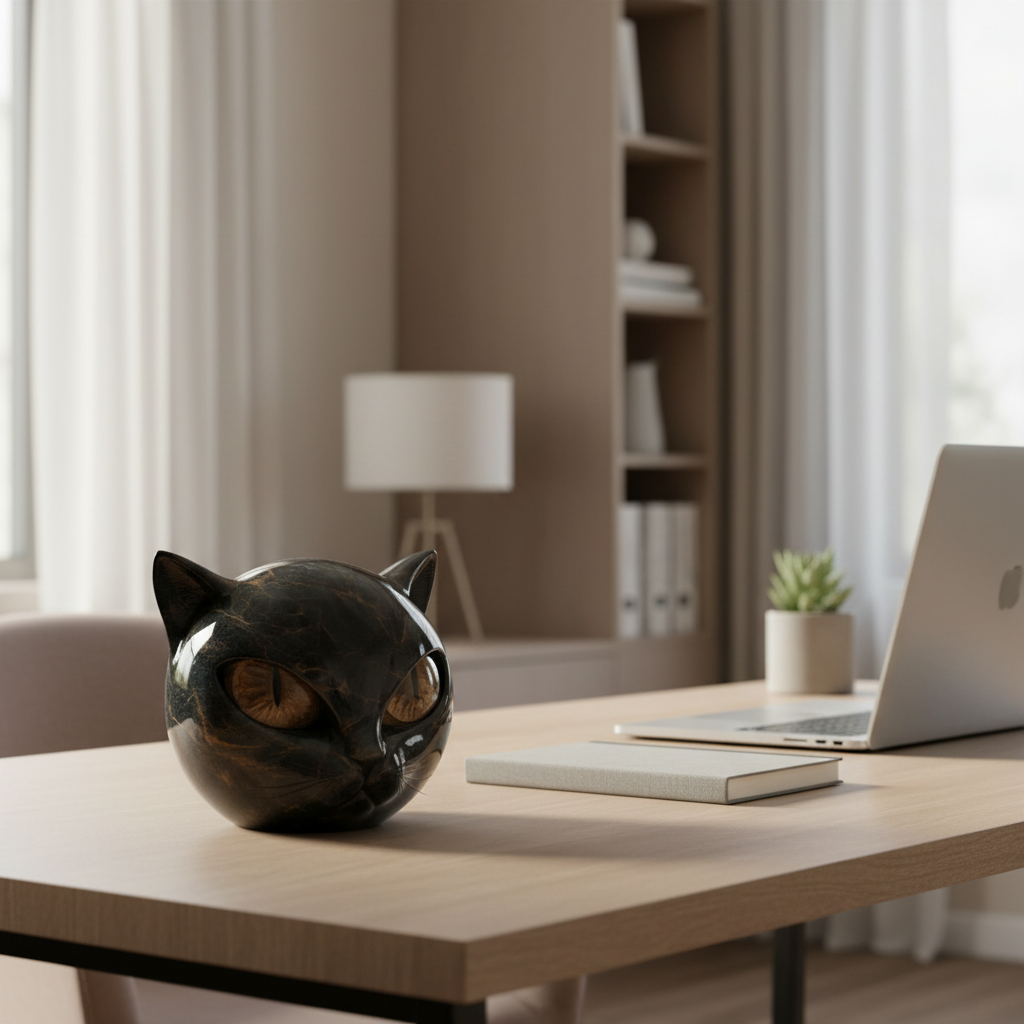 NoirCat Sculpture – Testa di gatto nera con occhi ipnotici