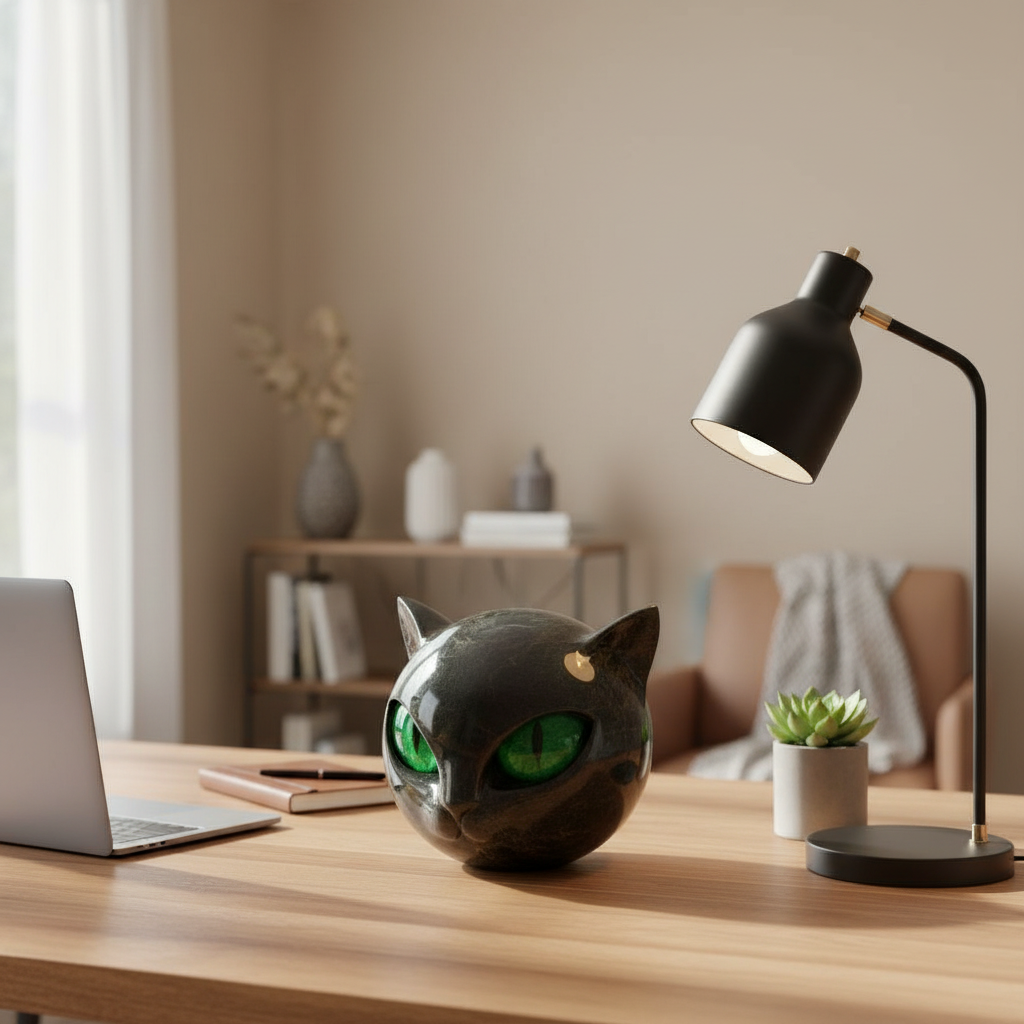 NoirCat Sculpture – Testa di gatto nera con occhi ipnotici