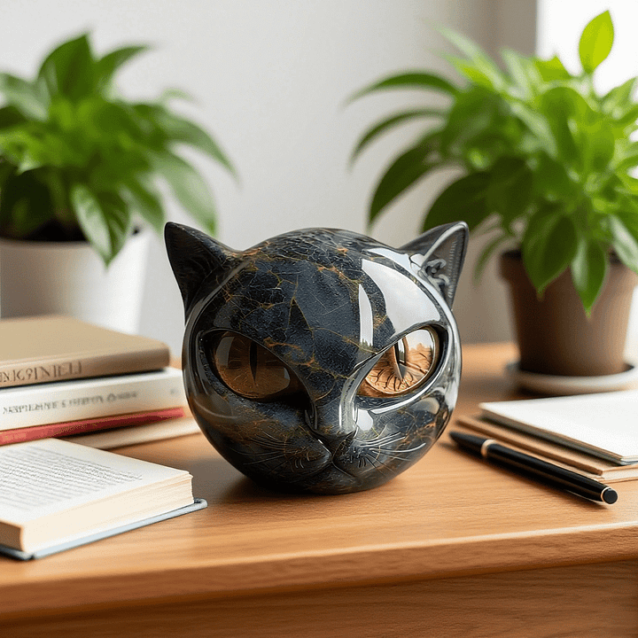 NoirCat Sculpture – Testa di gatto nera con occhi ipnotici