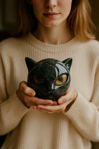 NoirCat Sculpture – Testa di gatto nera con occhi ipnotici