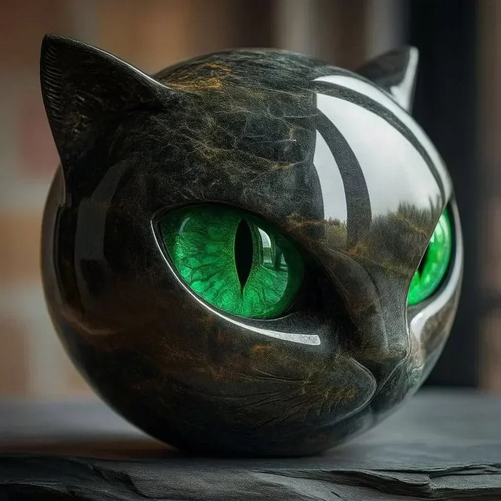 NoirCat Sculpture – Testa di gatto nera con occhi ipnotici
