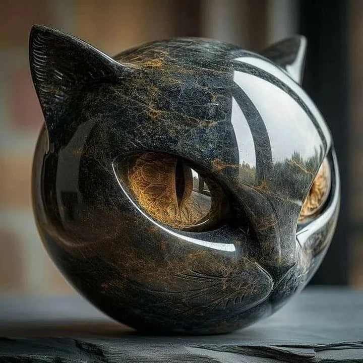 NoirCat Sculpture – Testa di gatto nera con occhi ipnotici