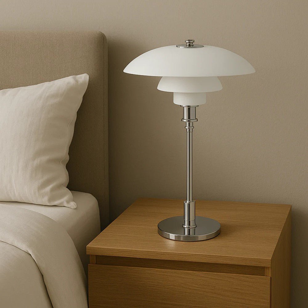 Lampada da tavolo nordica in vetro con luce calda d'ambiente