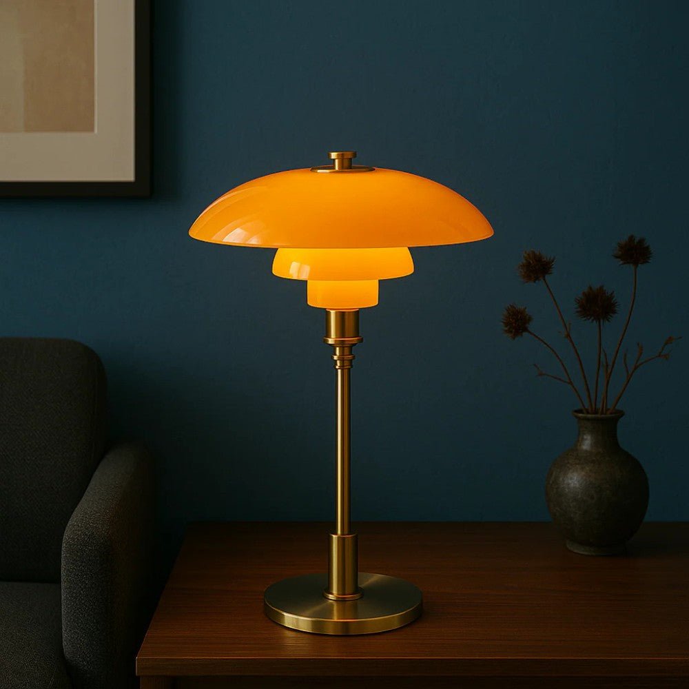 Lampada da tavolo nordica in vetro con luce calda d'ambiente