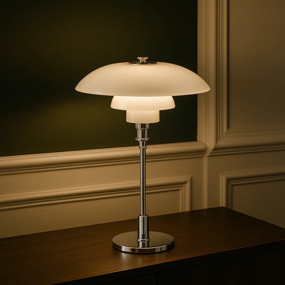 Lampada da tavolo nordica in vetro con luce calda d'ambiente