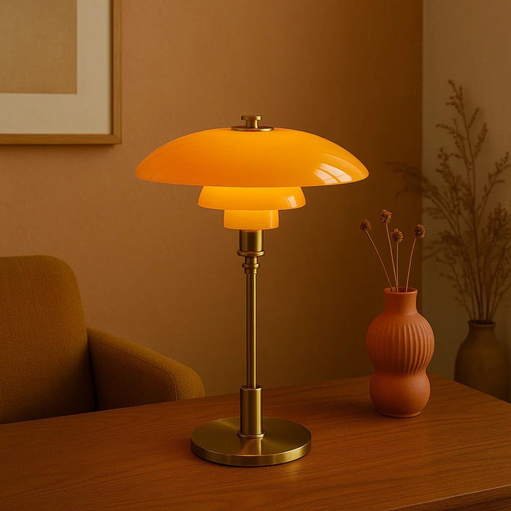Lampada da tavolo nordica in vetro con luce calda d'ambiente