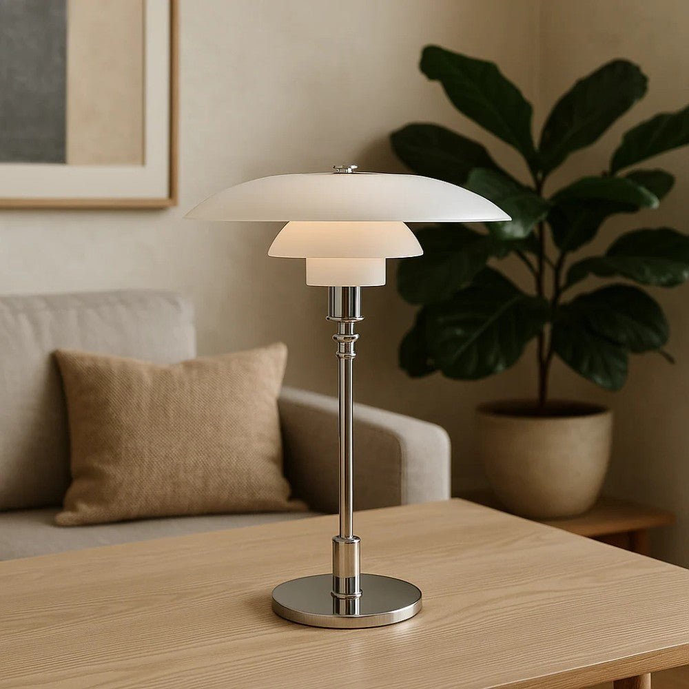 Lampada da tavolo nordica in vetro con luce calda d'ambiente