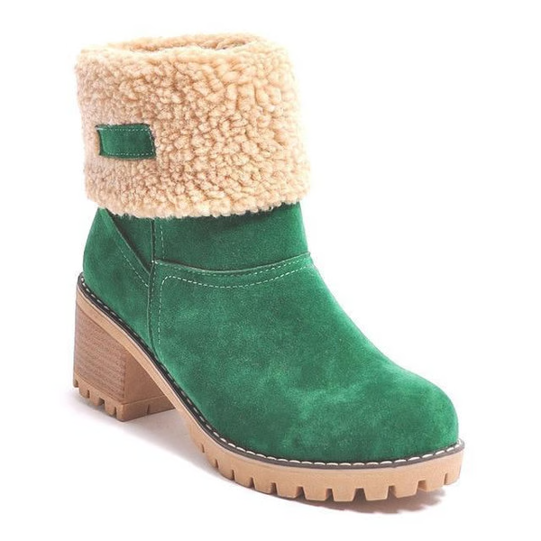 Stivali da neve da donna, stivaletti impermeabili in pelle con tacco largo e polsini in pelliccia sintetica, suola antiscivolo foderata in lana