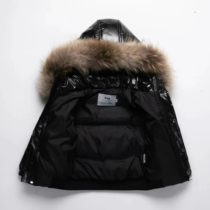 Parka invernale per bambini, giacca imbottita in piuma, bordo cappuccio in vera pelliccia, guscio idrorepellente