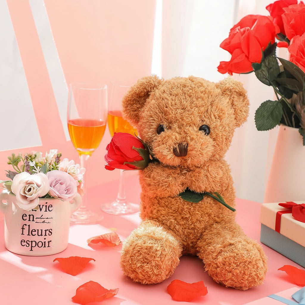 Peluches Orsetto di San Valentino Morbido con Rosa, Pupazzo Regalo