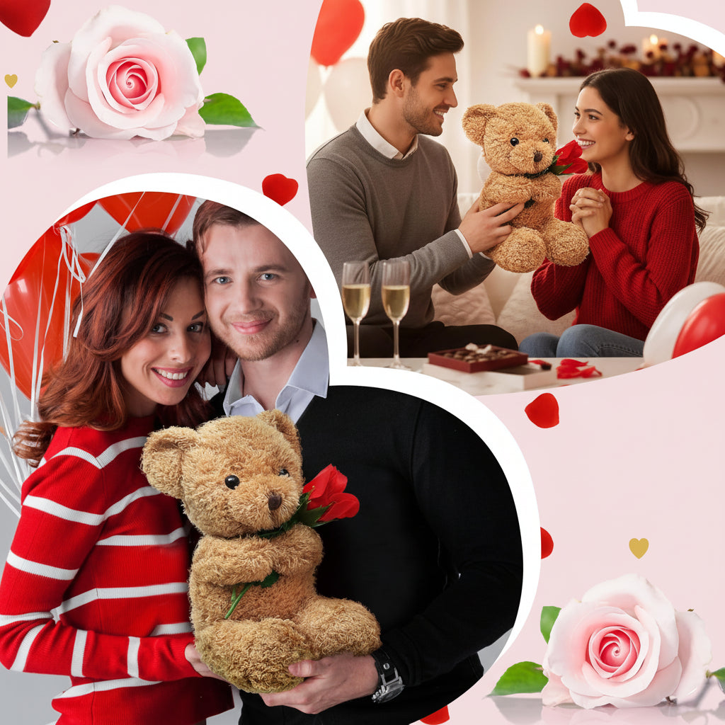 Peluches Orsetto di San Valentino Morbido con Rosa, Pupazzo Regalo
