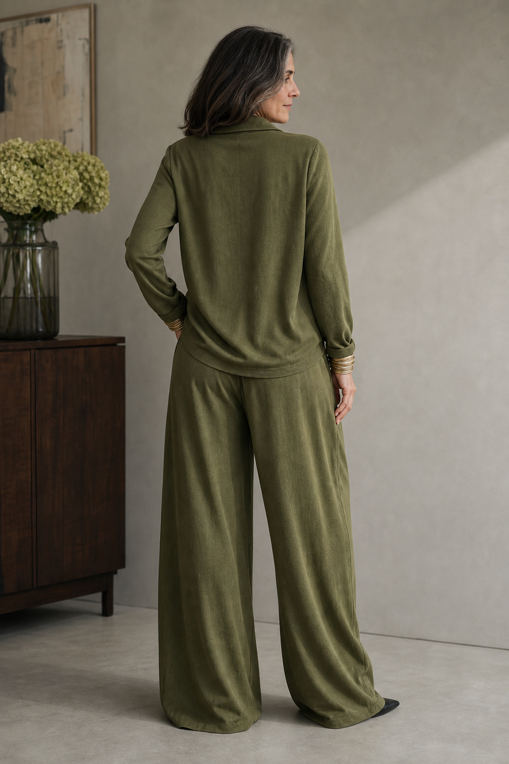 Set con top e pantaloni drappeggiati in maglia a coste