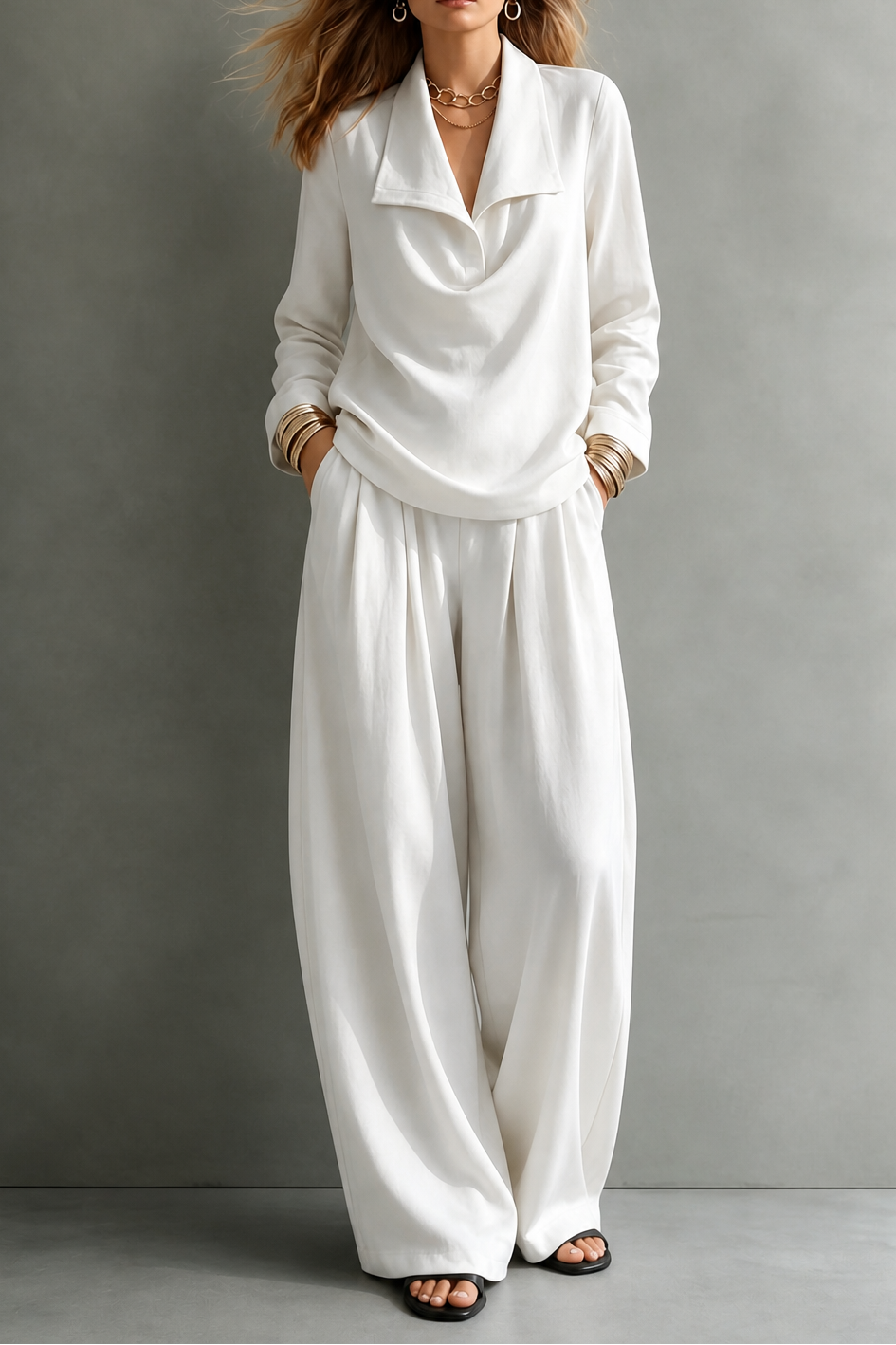 Set con top e pantaloni drappeggiati in maglia a coste