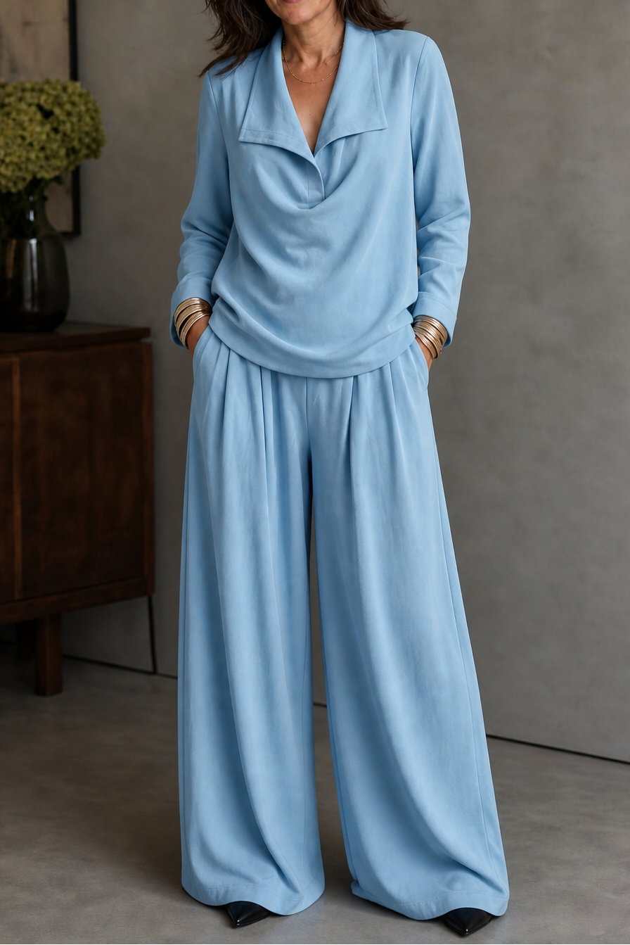 Set con top e pantaloni drappeggiati in maglia a coste