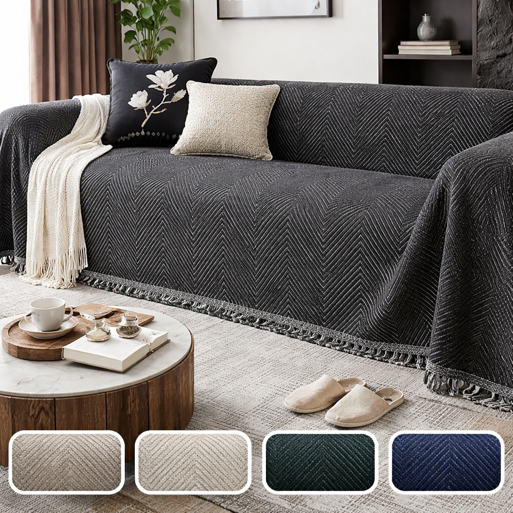 Coperta per divano con motivo a spina di pesce e bordi sfrangiati decorativi