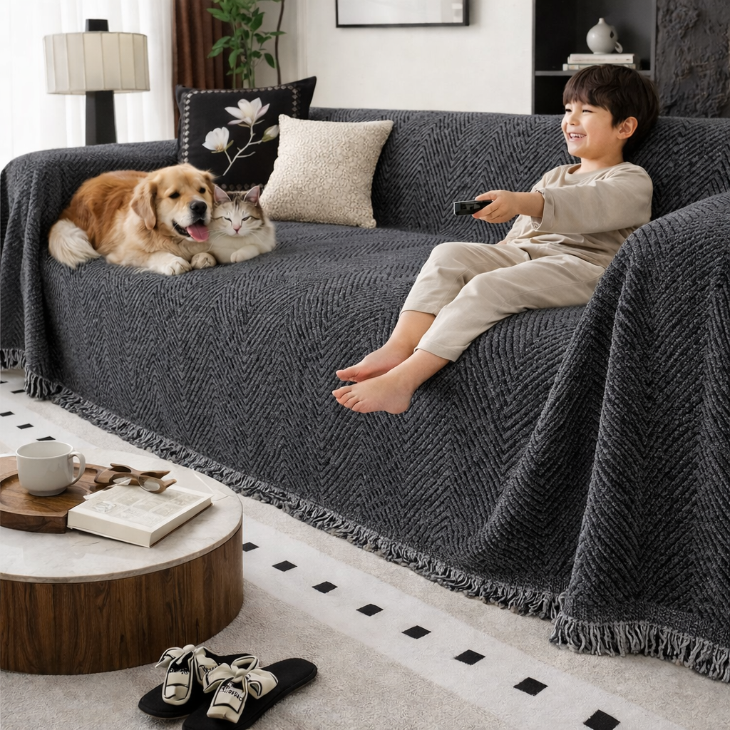 Coperta per divano con motivo a spina di pesce e bordi sfrangiati decorativi