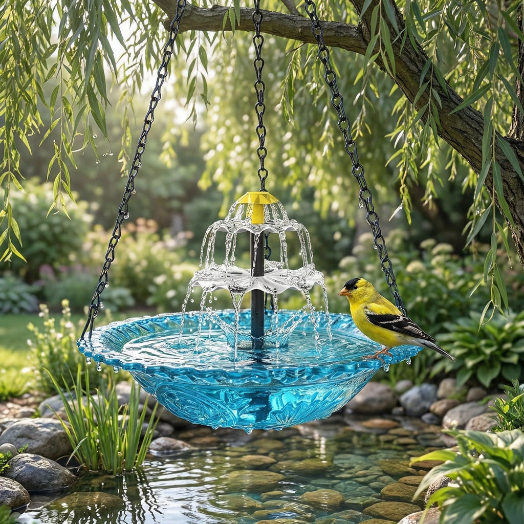 Abbeveratoio per uccelli sospeso con fontana solare a due livelli e ciotola in vetro