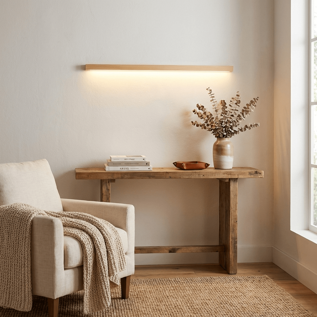 Applique lineare in legno con luce sottile