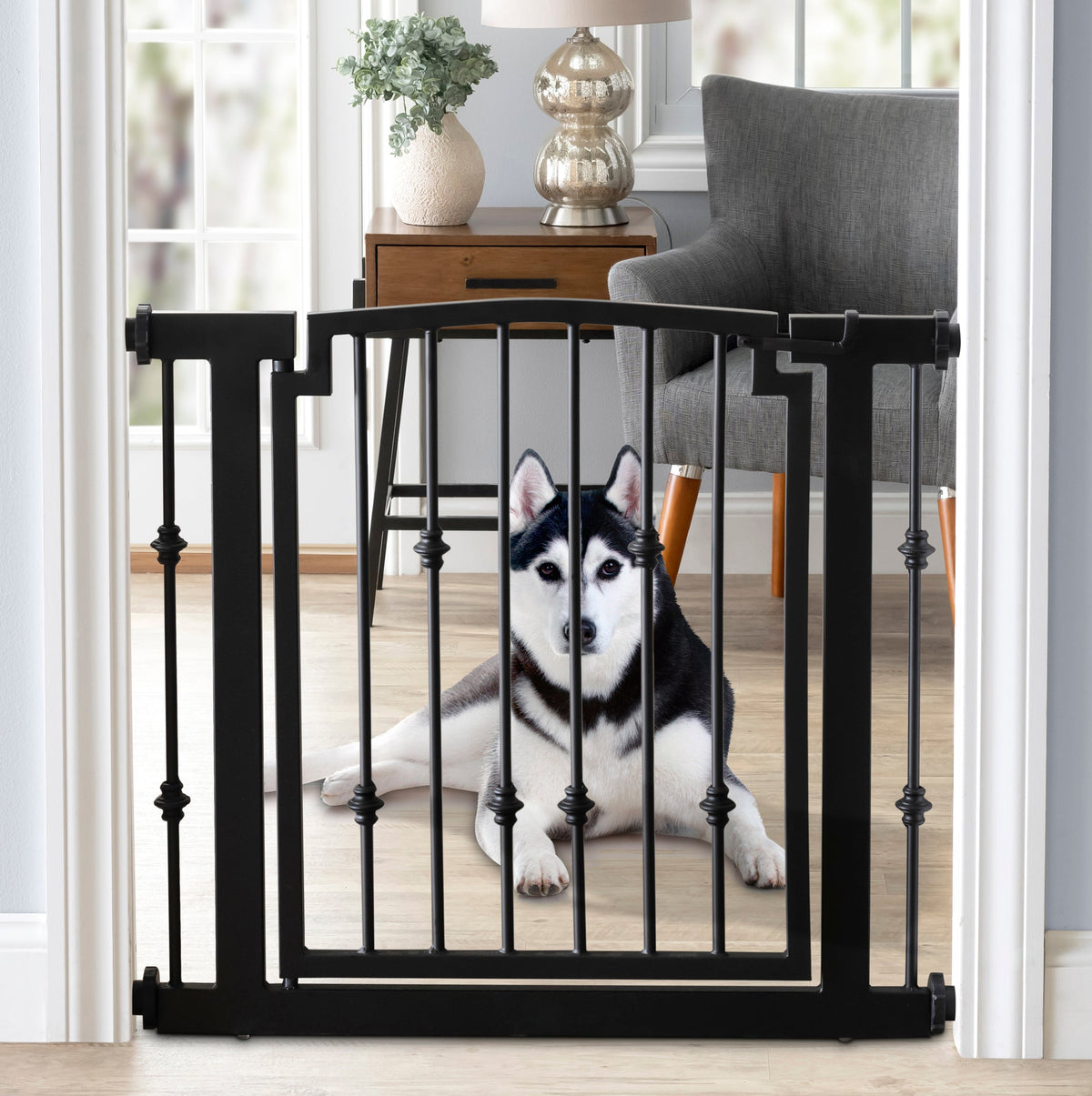 Cancelletto per cani Emperor Rings in ferro battuto con porta (72–156 cm extra largo) ornamentale, robusto, per interni,
