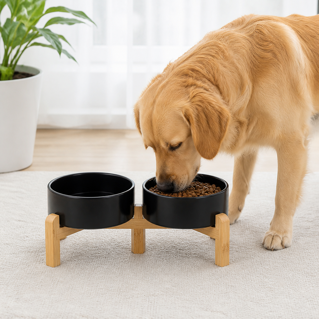 Ciotole doppie in ceramica con supporto rialzato in legno per cani