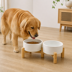 Ciotole doppie in ceramica con supporto rialzato in legno per cani