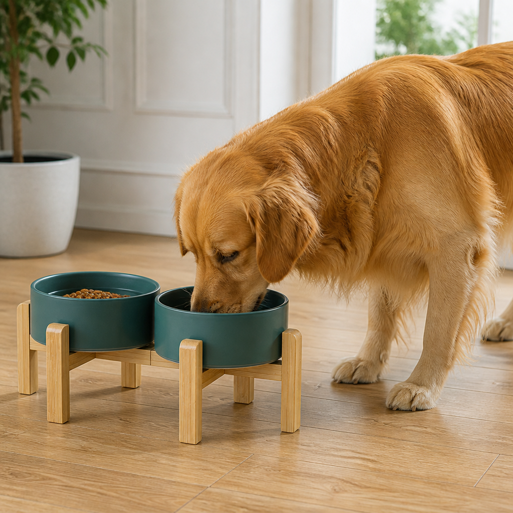 Ciotole doppie in ceramica con supporto rialzato in legno per cani