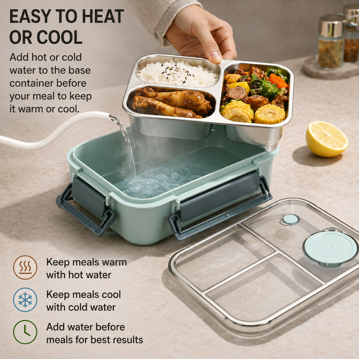 Contenitore termico per alimenti | Scomparti multipli in acciaio inox | Chiusura a clic anti-perdita | Warmpack